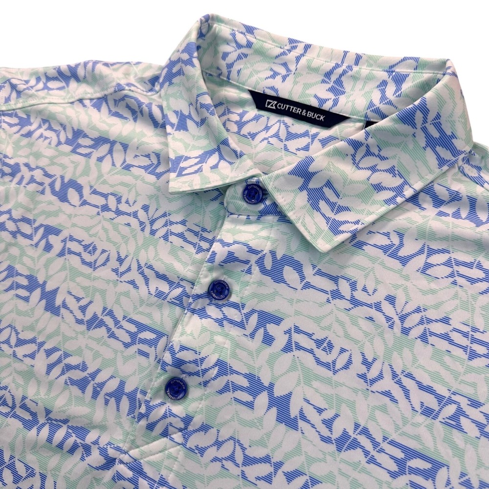 Cutter & Buck Pike Polo Vine Golf Shirt Men's Blue Green Floral Leaf Print